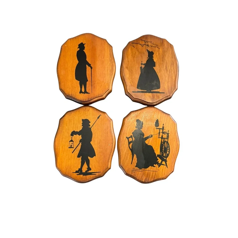 Colonial Silhouette Wood Wall Plaques Set of 4 Black Gold Americana Vintage